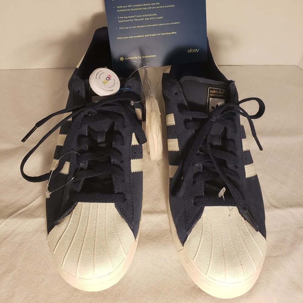 ADIDAS SUPERSTAR VULC SHELL TOE SHOES - MENS 10.5 BLUE/WHITE/GOLD PRINT/GUM SOLE